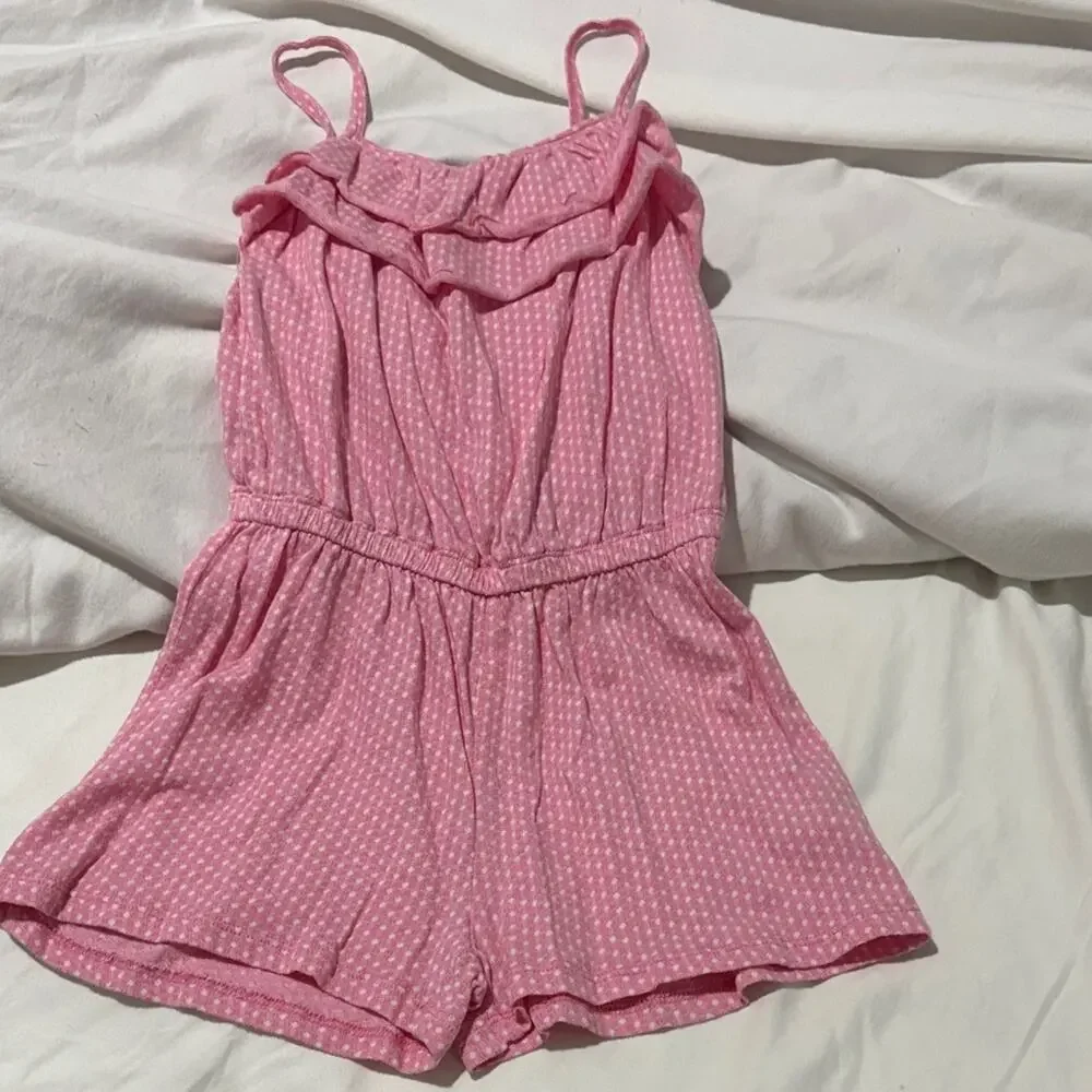 Harper Canyon 7 Charming Pink white dots Kids Romper ruffled neckline nwot